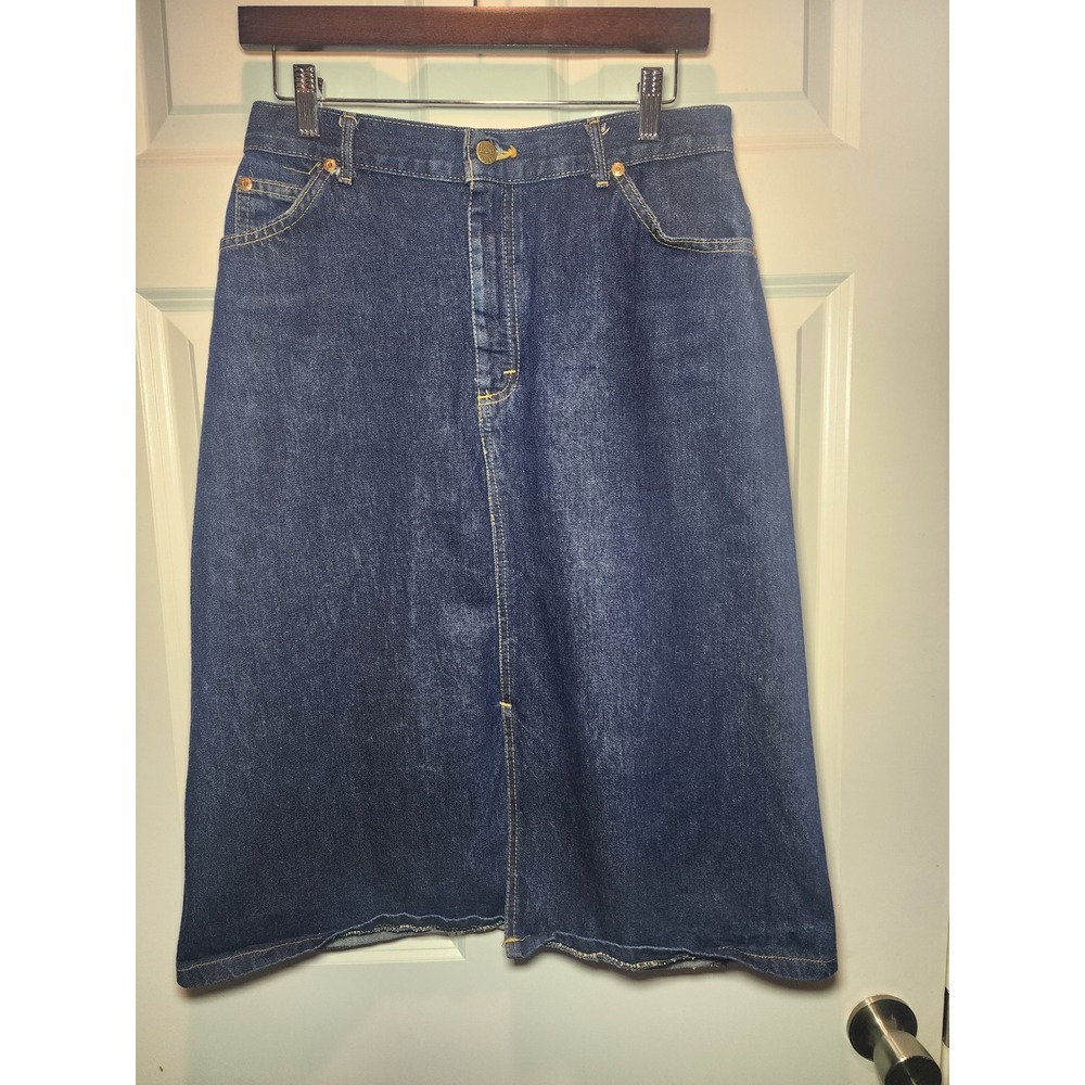 Vintage 80s Lee Denim Skirt High Waisted Midi A-Line Dark Wash Made in USA 13